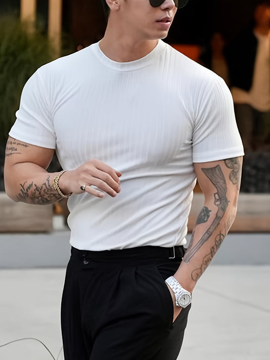 Men'S Summer Ribbed T-Shirt, Stylish, Comfortable, And Breathable, Perfect for Casual Outings - ayq