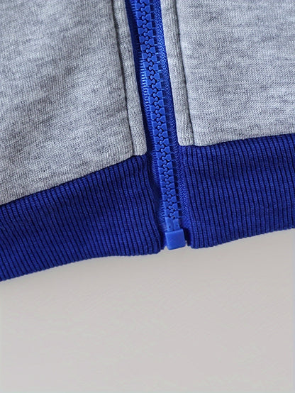 1pc Boys Stylish Color Block Fleece Lining Hooded Jacket, Long Sleeve Zip Up Jacket, Kids Clothes Outdoor
