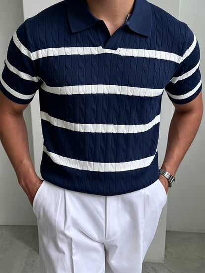 Men's Summer Polo Shirt Striped Knit Casual Short Sleeve