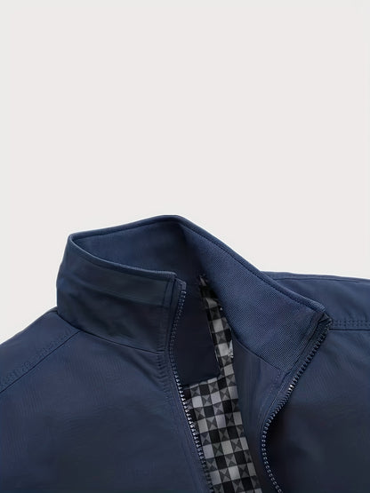 Men's Long Sleeve Zip Up Stand Collar Coat, Business Stand Collar Jacket With Zipper Pockets, Spring Autumn Men's Clothing