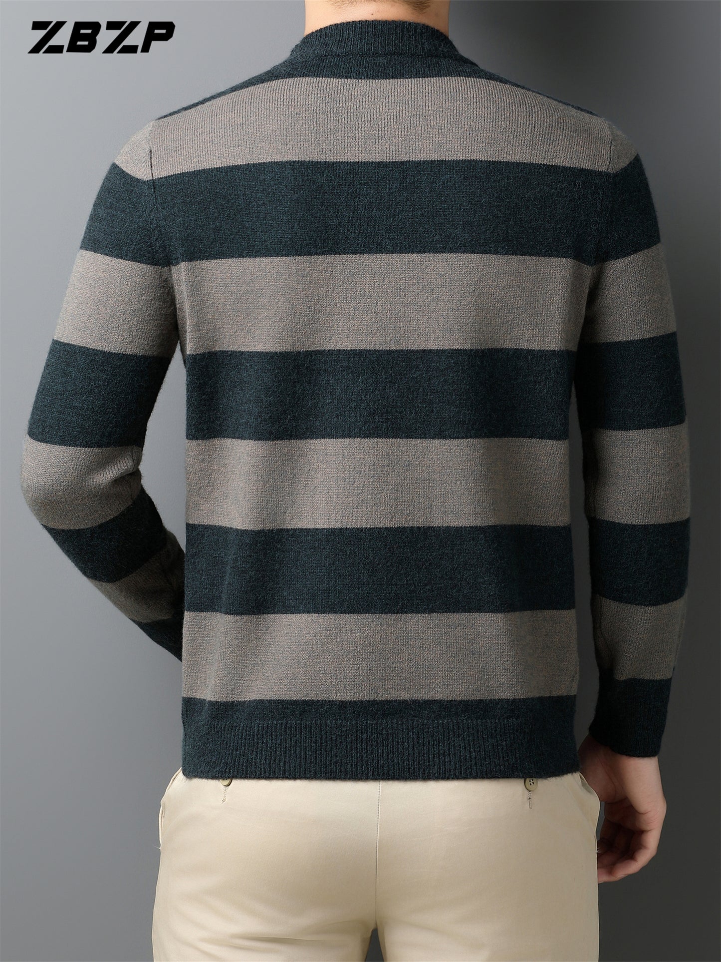 ZBZP Men'S Casual Striped Knit Sweater - Dark Gray & White Horizontal Stripes, Round Neck Long Sleeve, Regular Fit, Autumn Winter Warm Pullover for Casual Attire, Knit Sweater, Comfortable Fashion, Soft Texture, Cold Weather