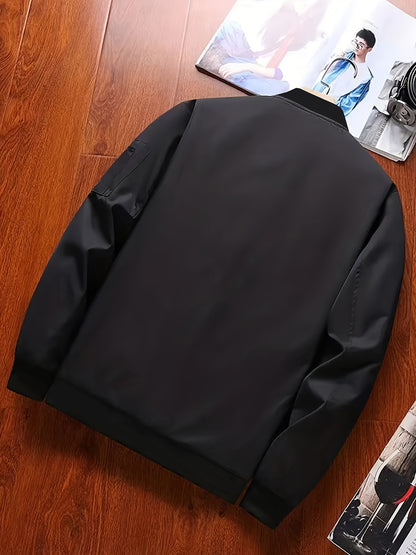 Men'S Stylish Black Sports Casual Jacket - Lightweight Bomber with Zipper Pockets, Front Zipper Panel, and Ribbed Cuffs - Perfect for Outdoor Activities, Running, and Casual Attire