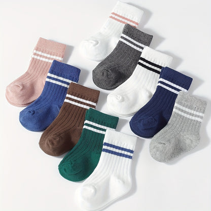 5 Pairs Of Men's And Women's Baby Mid-Calf Socks with Ribbing And Double Bars Sports Socks