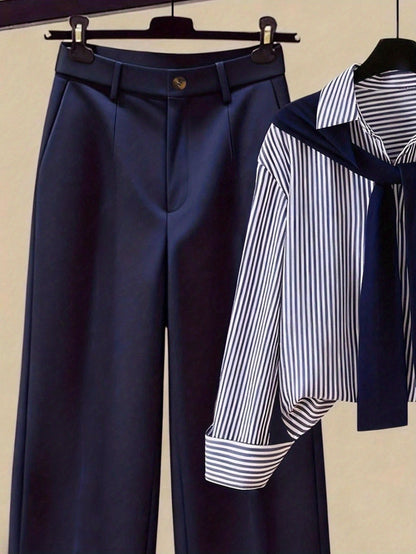 Gavin 2pcs/Set Women'S Striped Shirt with Shawl Collar And High-Waisted Wide Leg Pants, Spring/Autumn