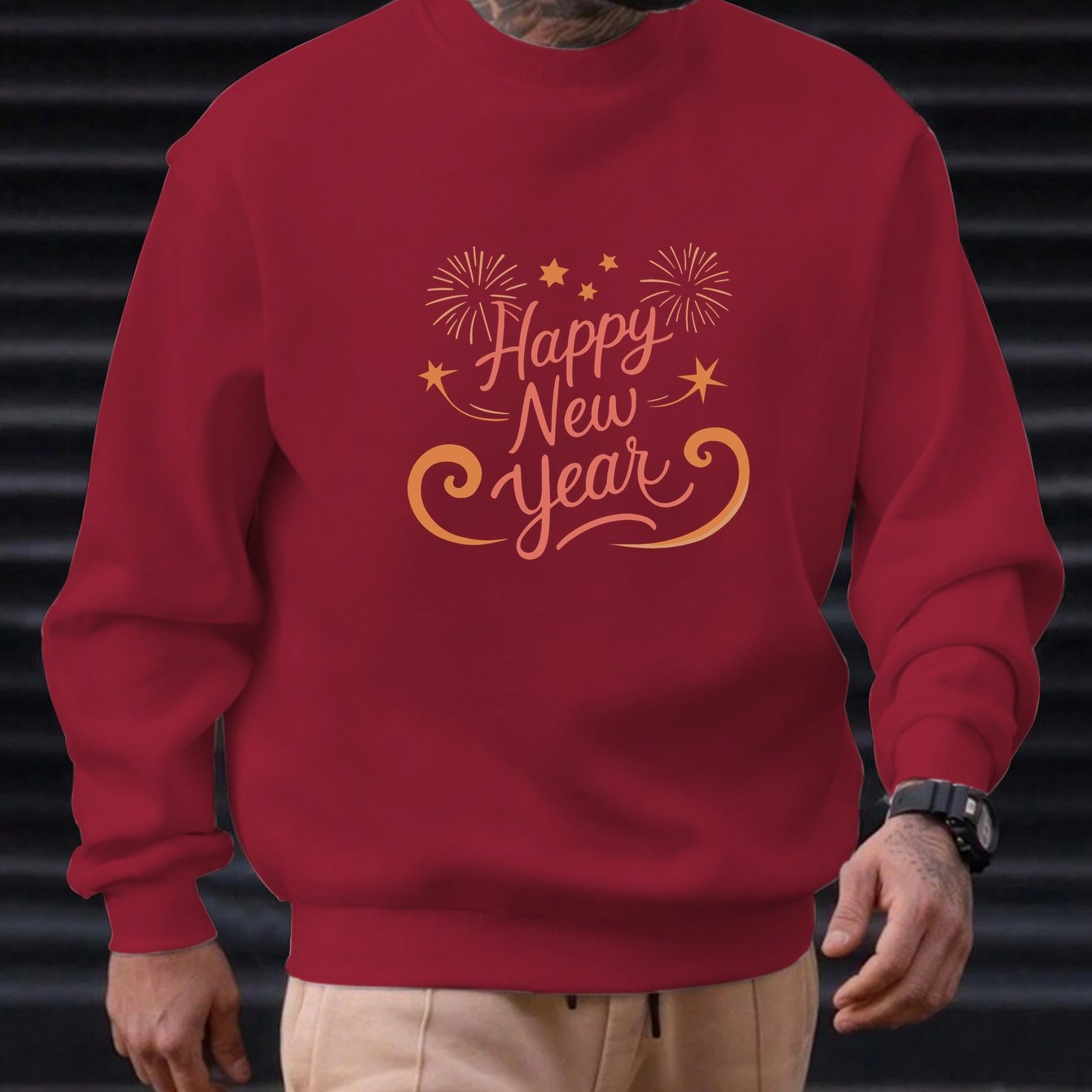 Men'S Happy New Year Sweatshirt - Light Grey with Orange Lettering - Regular Fit Crewneck Pullover for New Year'S Eve, NYE Parties & Casual Attire - Non-Permanent Celebration Sweater for Everyday & Special Occasions, New Year