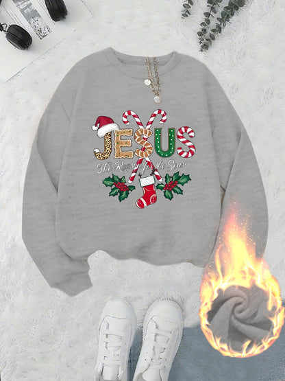 Women's Fleece-Lined Round Neck Pullover Sweatshirt - "JESUS" Christmas Print, Comfortable Loose Fit for All Seasons, Festive Holiday Design Casual Top