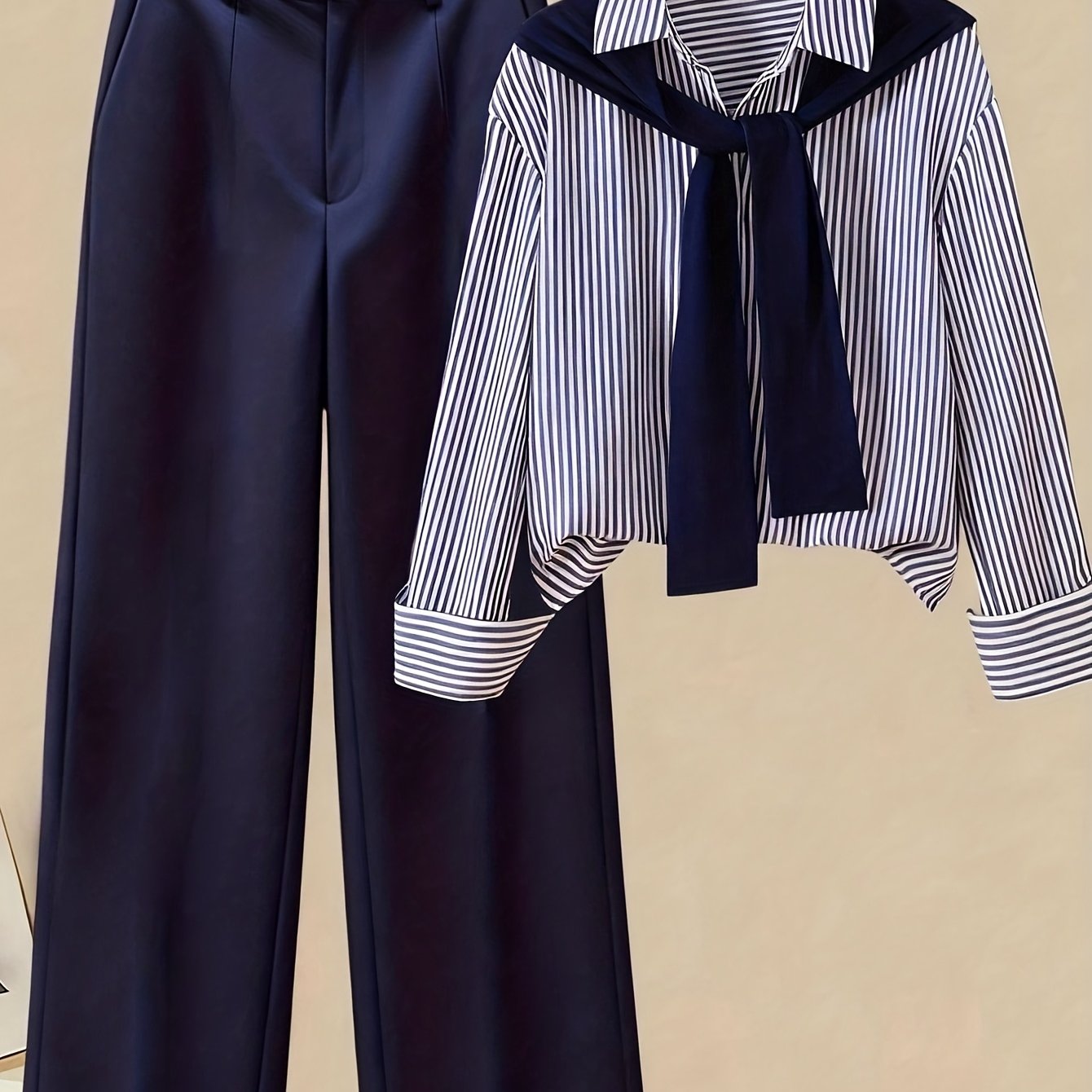 Gavin 2pcs/Set Women'S Striped Shirt with Shawl Collar And High-Waisted Wide Leg Pants, Spring/Autumn