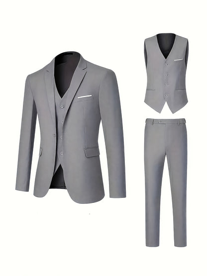 Men's 3-Piece Polyester Suit Set with Jacket, Vest & Trousers
