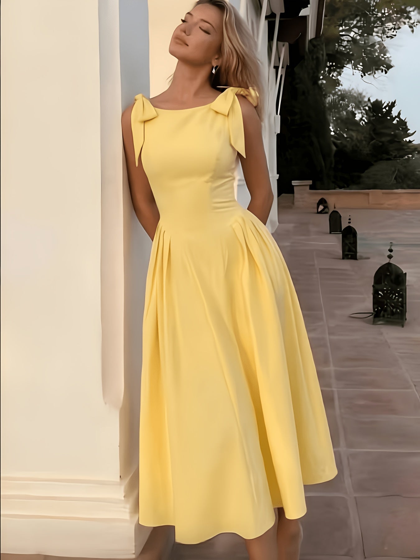 Elegant Women's Retro Fit and Flare Midi Dress with Bow Straps