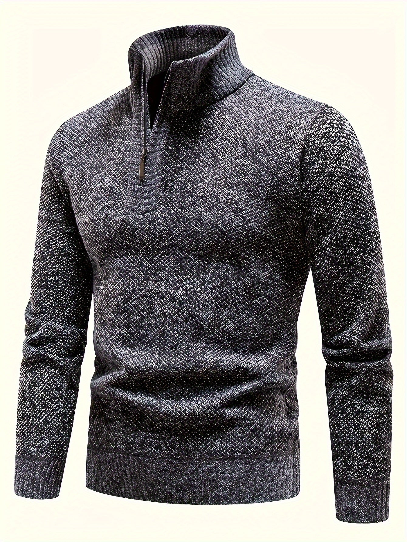 Men's Fleece-Lined Warm Knit Sweater - Autumn/Winter, Solid Color with Stand Collar & Short Zipper Placket, Long Sleeve, Polyester - Ideal for Hiking, Cycling & Casual Attire, Winter Sweater