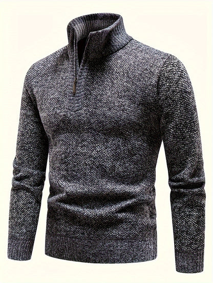 Men's Fleece-Lined Warm Knit Sweater - Autumn/Winter, Solid Color with Stand Collar & Short Zipper Placket, Long Sleeve, Polyester - Ideal for Hiking, Cycling & Casual Attire, Winter Sweater