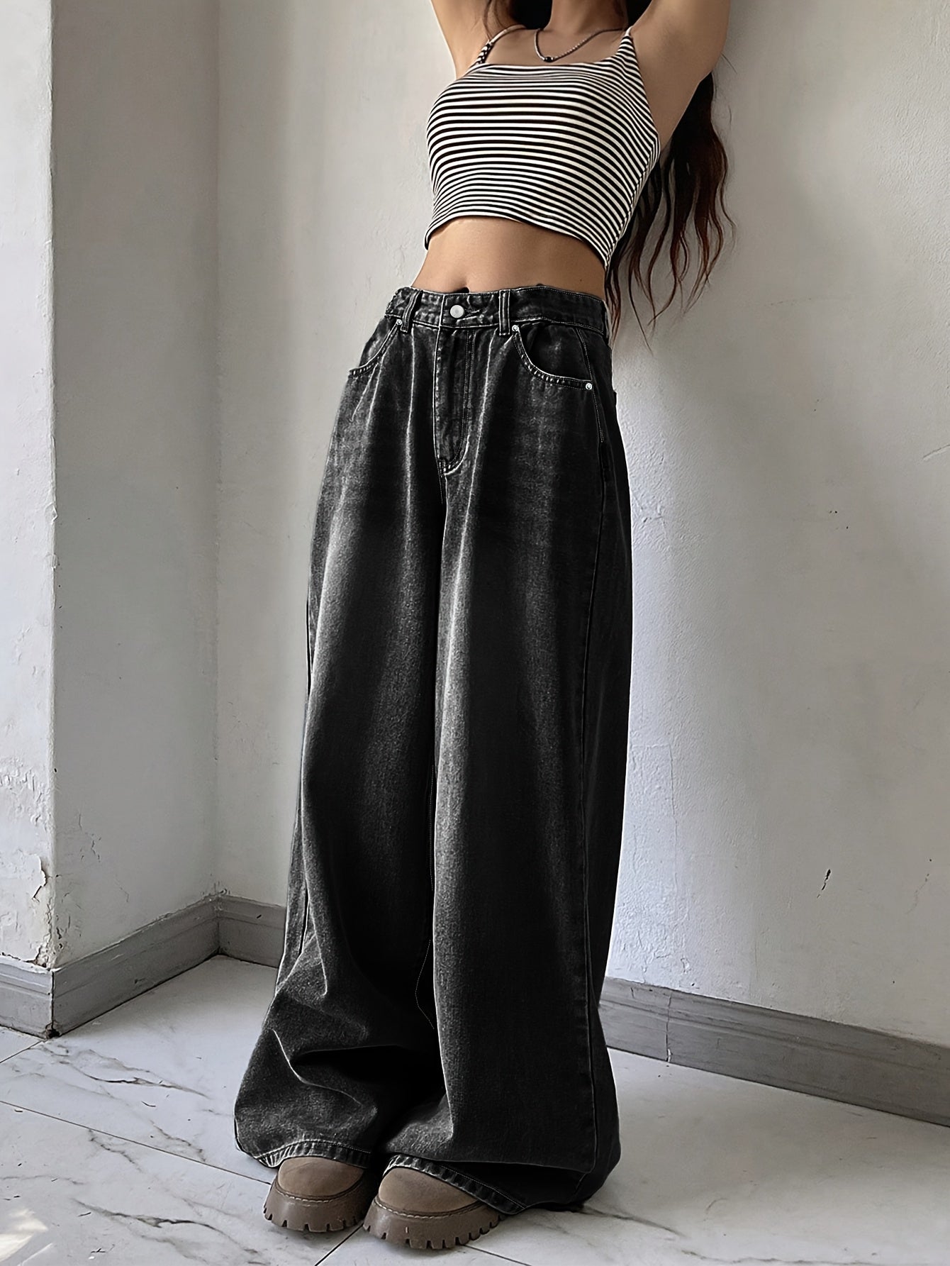 1pc Women's High-Waisted Wide Leg Denim Jeans, Casual Style, Solid Color, Non-Stretch Fabric, Straight-Leg Pants for Spring/Summer/Autumn