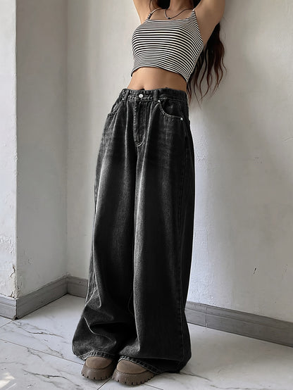 1pc Women's High-Waisted Wide Leg Denim Jeans, Casual Style, Solid Color, Non-Stretch Fabric, Straight-Leg Pants for Spring/Summer/Autumn