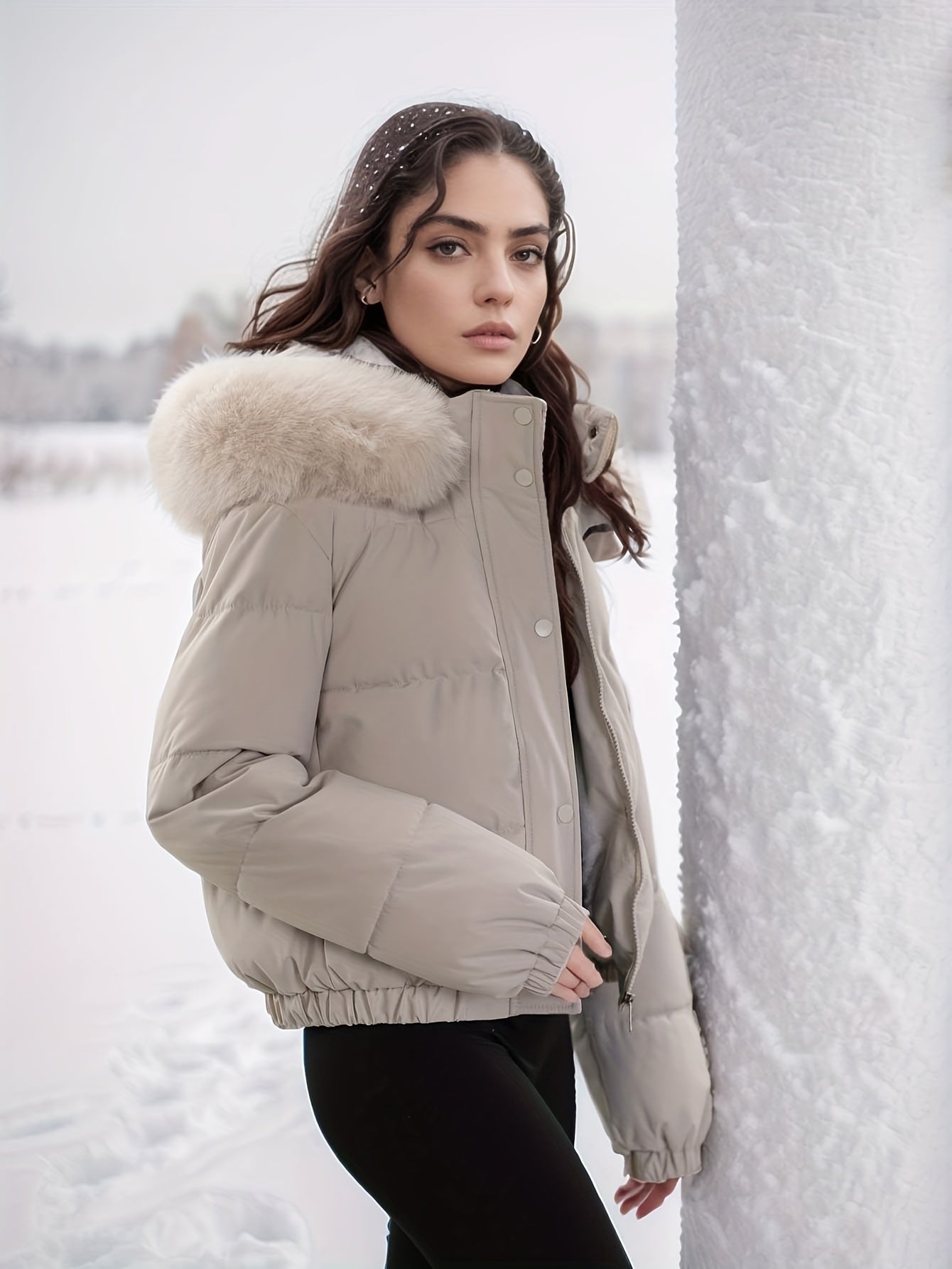 Women'S Winter Coat with Removable Faux Fur Hood - Thickened Loose Fit Long Sleeve Jacket, Zippered Pockets & Button Front, Casual Solid Color Outerwear for Cold Weather, Cozy Warmth, Buttoned Closure, Durable Fabric