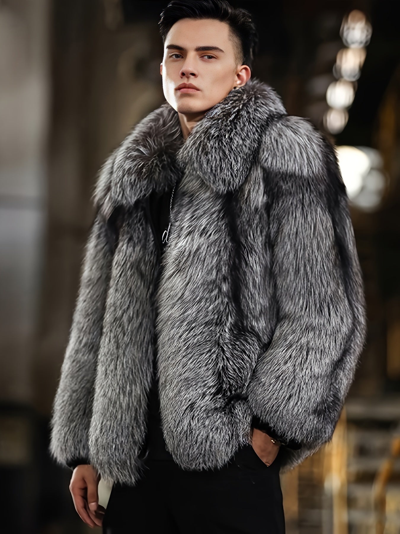 Men'S Faux Fur Coat with Imitation Fur Lining, Square Neck Zipper Short Winter Windproof Warm Loose Casual Jacket for Young Style