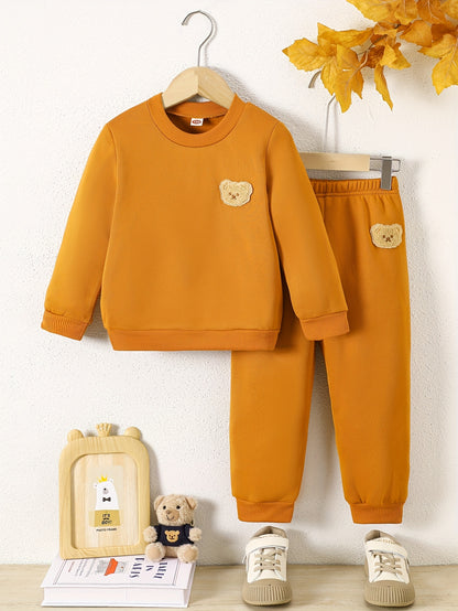 2pcs, Boys' Round Neck Sweatshirt Set, Suitable for Boys Aged 1-8, Fashionable Cartoon Bear Patch, Slightly Stretchy Fabric, Warm Fleece-Lined for Autumn and Winter, Ideal for Casual Sports Wear, Minimalist Style Perfect as a