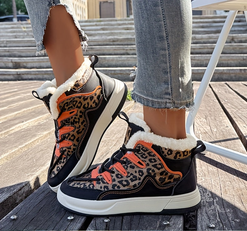 Women'S Stylish Leopard Print Winter Sneakers - Warm Fleece-Lined Casual Shoes with Thick PVC Sole, Black & Orange Design, Perfect for Fall/Winter Outdoor Activities, Winter Sneakers | Leopard Print Shoes | Durable PVC Sole