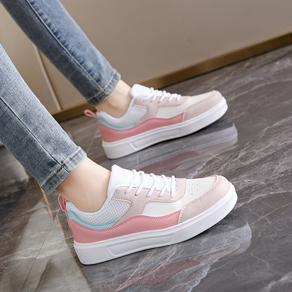 Stylish Women's Low-Top Sneakers - Lightweight Casual Shoes with Pastel Pink & Light Blue Accents, Synthetic Cover Upper, Breathable Mesh Lining, EVA Sole for Comfort, Perfect for Casual Attire & Travel