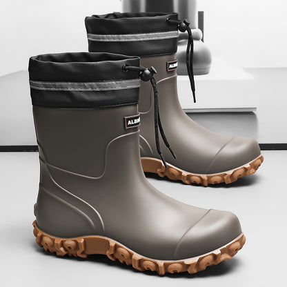 Men's Waterproof PU Rain Boots with Fleece Lining, Mid-Calf