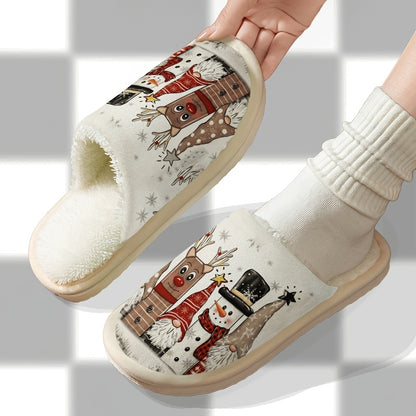 Christmas Snowman Reindeer Gnome Plush Lined Home Slippers, Soft and Beige-Friendly, Couples' Cozy Holiday Atmosphere with Christmas Elements, Holiday Slippers, Festive Pattern, Soft Fabric, Comfortable Cushioning, Couple Sli