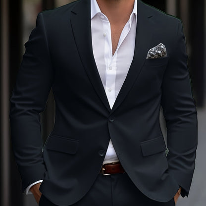 Men'S Solid Color Polyester Work Suit - Classic Lapel Collar, Non-Stretch Fabric, Long Suit Sleeves, Four-Season Versatility, Button-Front Jacket with Pants - Regular Fit Woven Suit Set (80% Polyester, 20% Viscose)