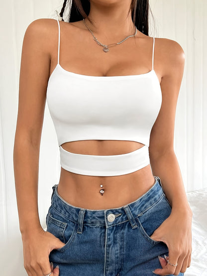 Knit Charm, Sexy Solid Color Cut-Out Crop Top - Stretchy Polyester & Elastane Blend, Machine Washable, Sleeveless with Spaghetti Straps for Women