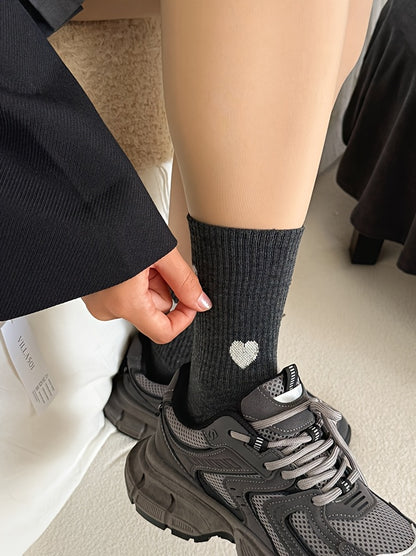 5 Pairs Cozy Women'S Knee-High Socks with Heart Pattern - Polyester and Spandex Blend, Knit Fabric, Machine Washable