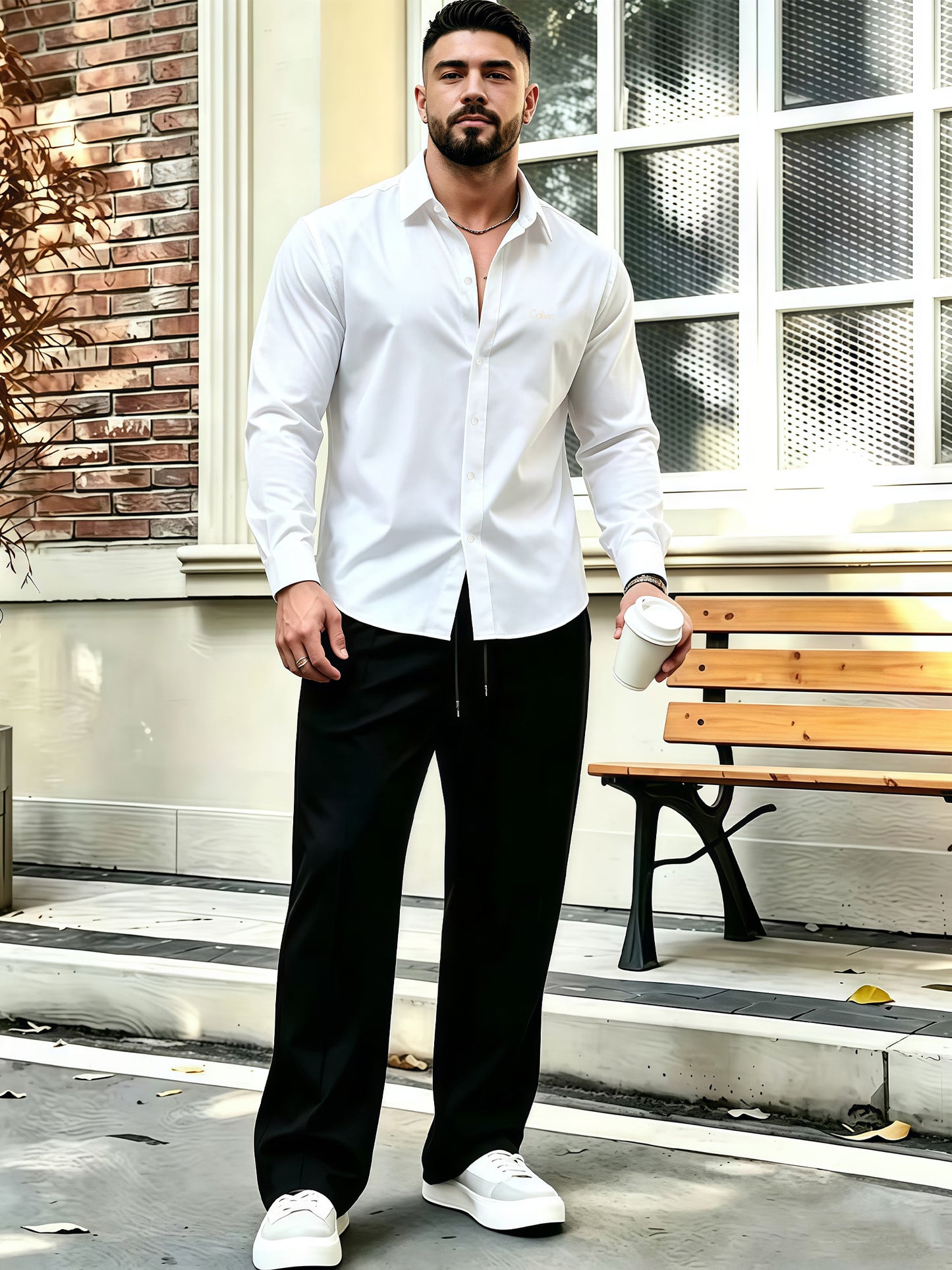Men's Business Casual Shirt and Trousers Set - Polyester, All Season