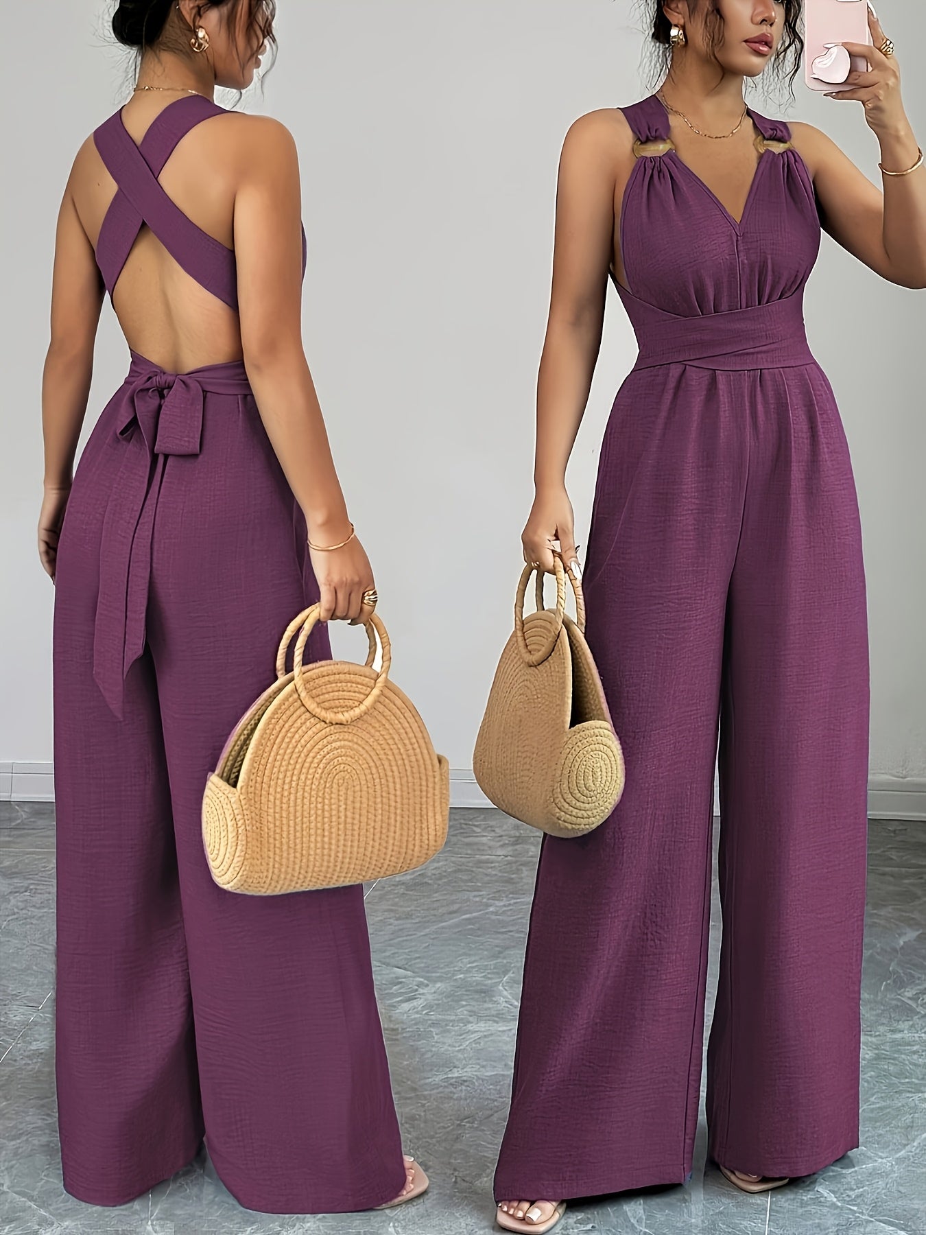 Elegant Women’s V-Neck Polyester Jumpsuit with Belt and Wide Legs