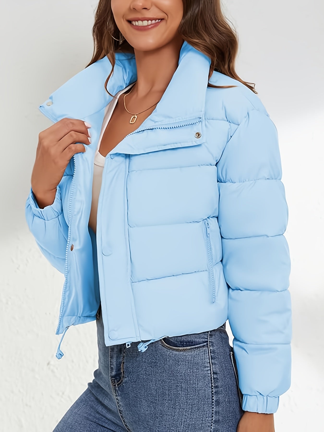 Women'S Lightweight Winter Jacket - Elegant Stand Collar Short Length Quilted Coat with Button Front, H-Silhouette Regular Fit, Long Sleeve Casual Outerwear for Cold Weather, Winter Coats, Seasonal Fashion, Minimalist Style,