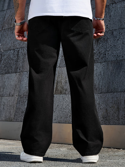 Men's Casual Loose-Fit Denim Jeans, Solid Color, Non-Stretch Fabric, Machine Washable - All Seasons, Long Pants