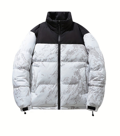 Men's Winter Jacket Windproof Coat with Stand Collar & Camo Marbled Pattern (Black/White/Grey) - Thickened Padded, Full-Zip Closure, for Skiing,, Outdoor Activities - Cold Weather Survival