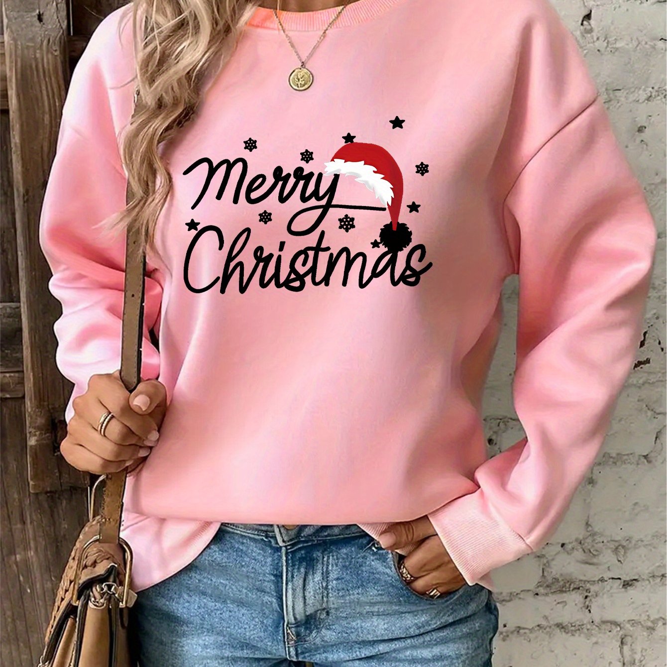 Women'S Christmas Letter Print Crew Neck Pullover Sweatshirt - Elegant Casual Long Sleeve Fleece-Lined Top with Festive Santa Hat & Star Design, All-Season Comfort for Holiday & Casual Attire, Christmas Sweatshirts, Seasonal