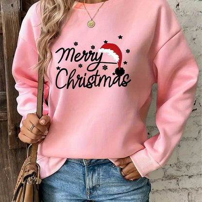 Women'S Christmas Letter Print Crew Neck Pullover Sweatshirt - Elegant Casual Long Sleeve Fleece-Lined Top with Festive Santa Hat & Star Design, All-Season Comfort for Holiday & Casual Attire, Christmas Sweatshirts, Seasonal