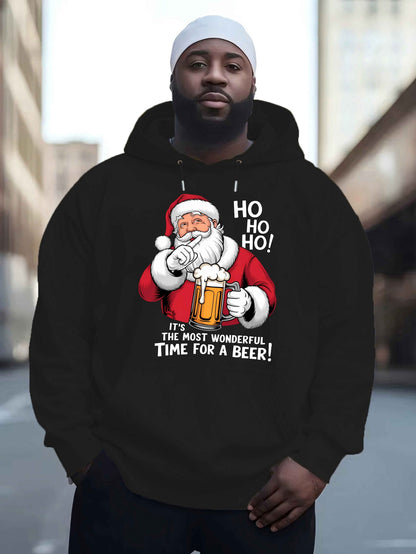 Men'S Red Hoodie with Santa Claus & Beer Mug Graphic - "Ho Ho Ho! It'S the Most Wonderful Time for a Beer!" - Cozy Plush Pullover for Fall & Winter, Casual Holiday Wear, Christmas Clothes, Plus Size