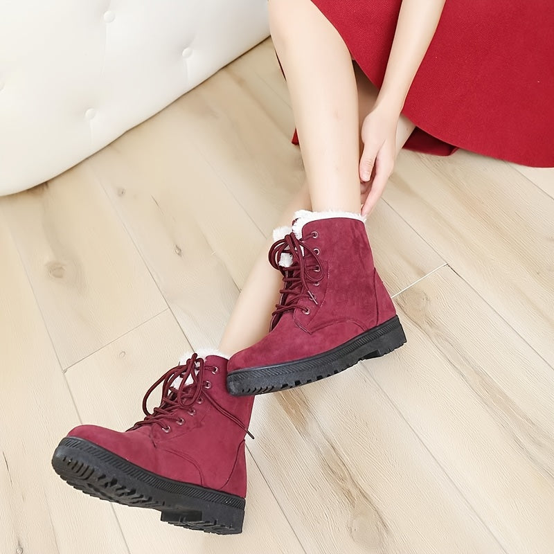 Women'S Ankle Boots - Winter Warm Round Toe Flat Shoes with Lace-Up Closure, Non-Slip Rubber Sole, & Accent - All-Season Casual Boots for Everyday & Formal, Ladies Winter Boots, Outdoor Footwear, Fabric Lined Interior, Outdoo