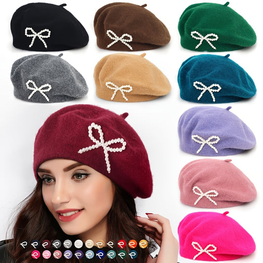 1pc Women's Wool Beret with Pearl Bow - Elegant, Breathable, and Stylish in Multiple Colors (Black, Brown, Gray, Beige, Purple, Pink) for Casual Attire