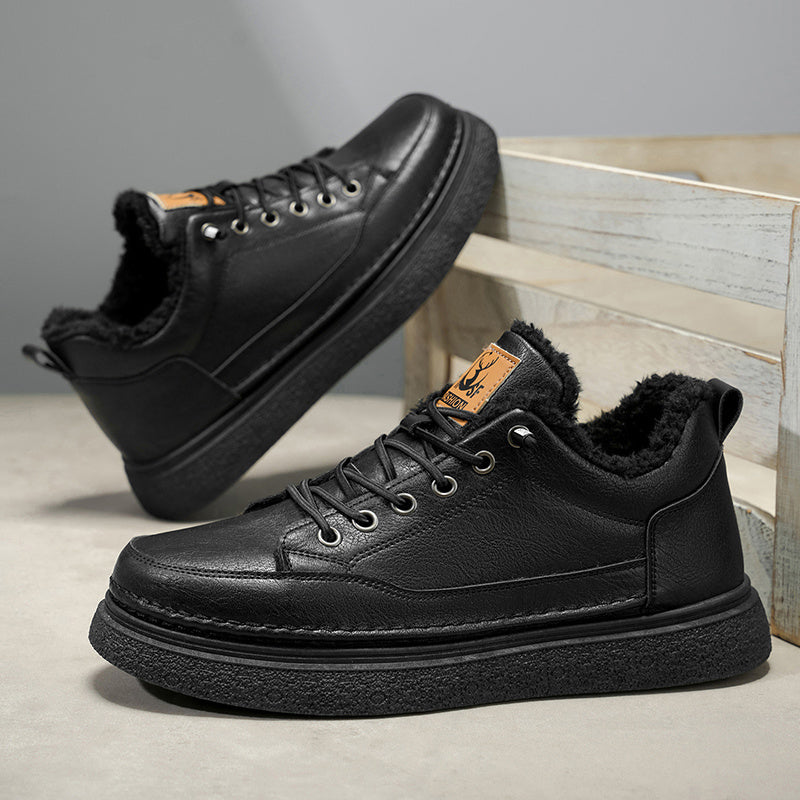 Men's Winter Warm PU -Like Hiking Sneakers with Plush -Like, EVA Cushioned Sole & Rubber Traction Tread - Low-Top Lace-Up Outdoor Shoes for Ice, Snow, Casual Wear (Black/Brown) - Cold Weather