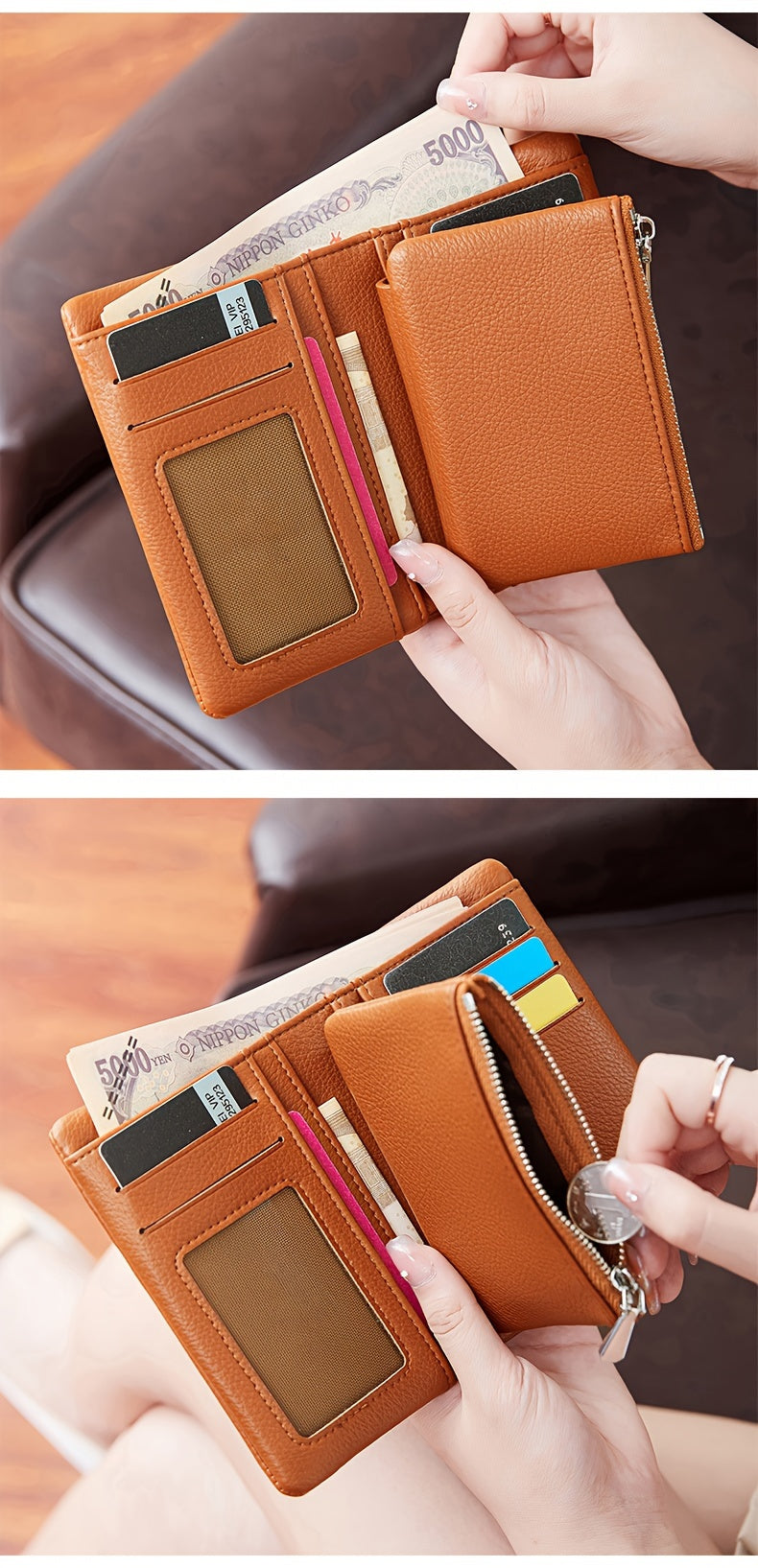 A Compact Trifold Wallet Made of Soft PU in a Solid Color, Featuring Metal Accents. It Includes a Zippered Coin Pocket, Card Slots, And an ID Window, Suitable for Credit Cards, ID Cards, Cash, And Coins. This Modern, Lightwei