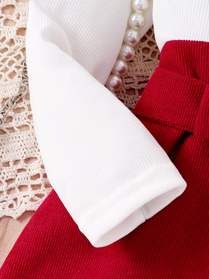 3 հատանոց աղջիկների համար նախատեսված հավաքածու՝ 3D ժապավենով երկար թևքով վերնաշապիկով, կարմիր կիսաշրջազգեստով և գոտիով՝ աշնանային