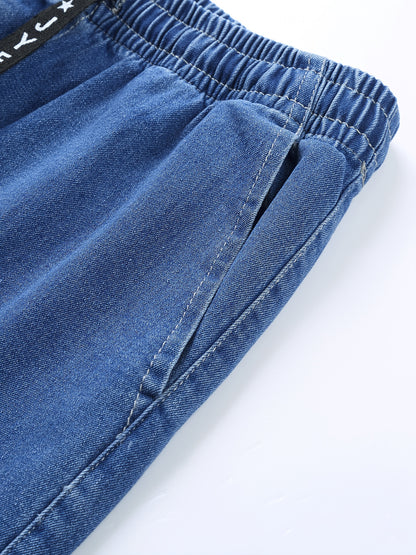 Men's Slim Fit Denim Cargo Pants with Elastic Waistband