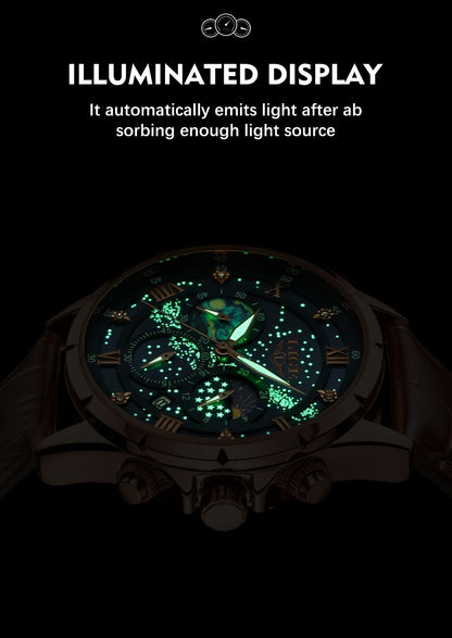 LIGE Luxury Quartz Chronograph Watch with Luminous Hands - Elegant Round Alloy Case, Blue Dial with Roman Numerals, Starry Night Design, Button Battery, Faux Leather Strap, Stylish Accessory|Starry Night Design|Luminous Hands