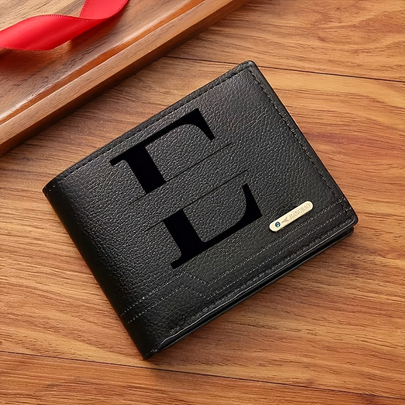 1pc Men's Business Style Faux Leather Wallet, Customizable Text and Initials, Solid Color Faux Leather with Contrast Accents, Compact Short Bifold Design for Easy Carrying - Perfect Birthday Gift for Boyfriend and Father, Per