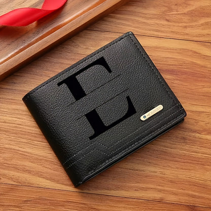 1pc Men's Business Style Faux Leather Wallet, Customizable Text and Initials, Solid Color Faux Leather with Contrast Accents, Compact Short Bifold Design for Easy Carrying - Perfect Birthday Gift for Boyfriend and Father, Per