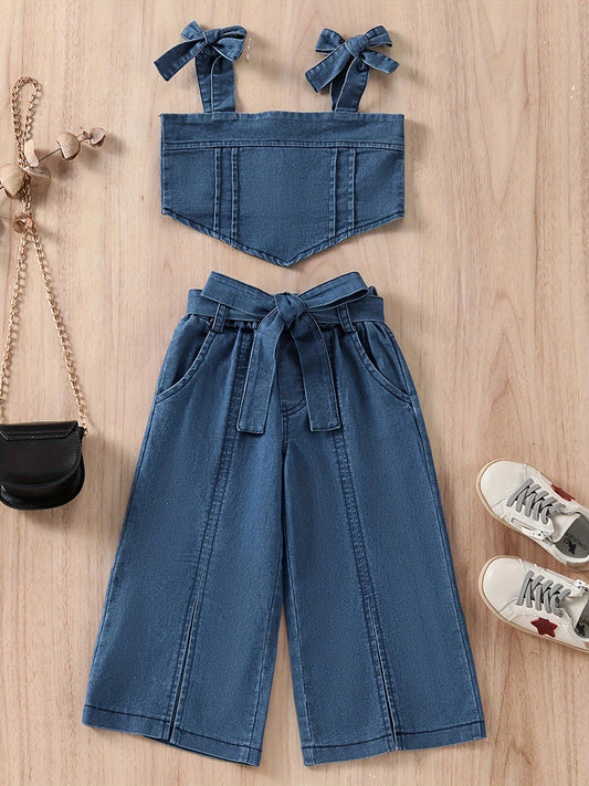 Relaxed Fit, Chic Girl's Denim Outfit Set - անթև վերնաշապիկ և բարձր գոտկատեղով բացված շալվար գոտիով, բամբակյա խառնուրդ, լվացվող մեքենայում, կատարյալ դրսում