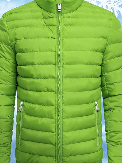 Men's Stand Collar Winter Jacket with Zipper and Fiber Filling