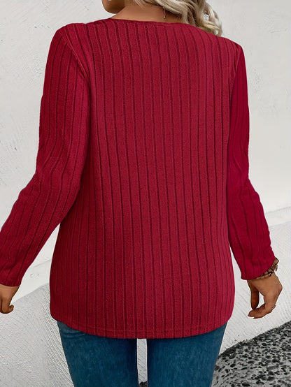Women's Plus Size Ribbed Knit Sweater - Casual V-Neck Long Sleeve T-Shirt | Polyester 100% Solid Color Pullover - Fall/Winter Collection