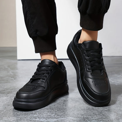 Men's Trendy White Skate Sneakers - Comfortable, Breathable, All-Season Low-Top Lace-Up Shoes with Thick Sole, PU Upper & Mesh Lining for Casual Streetwear