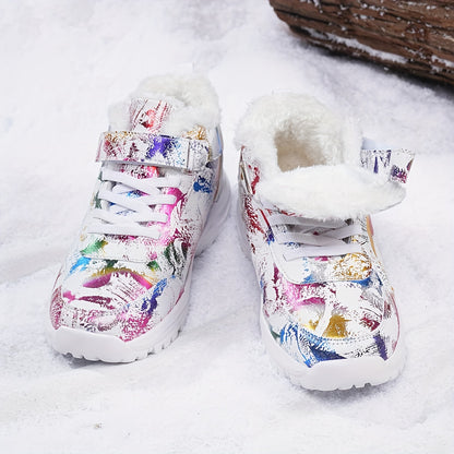 1 Pair Women'S Winter Warm Snow Boots, Fleece-Lined High-Top Outdoor Shoes, Round Toe, Patterned Print, EVA & MD Sole, Fabric Insole - Fashionable Ladies' Footwear