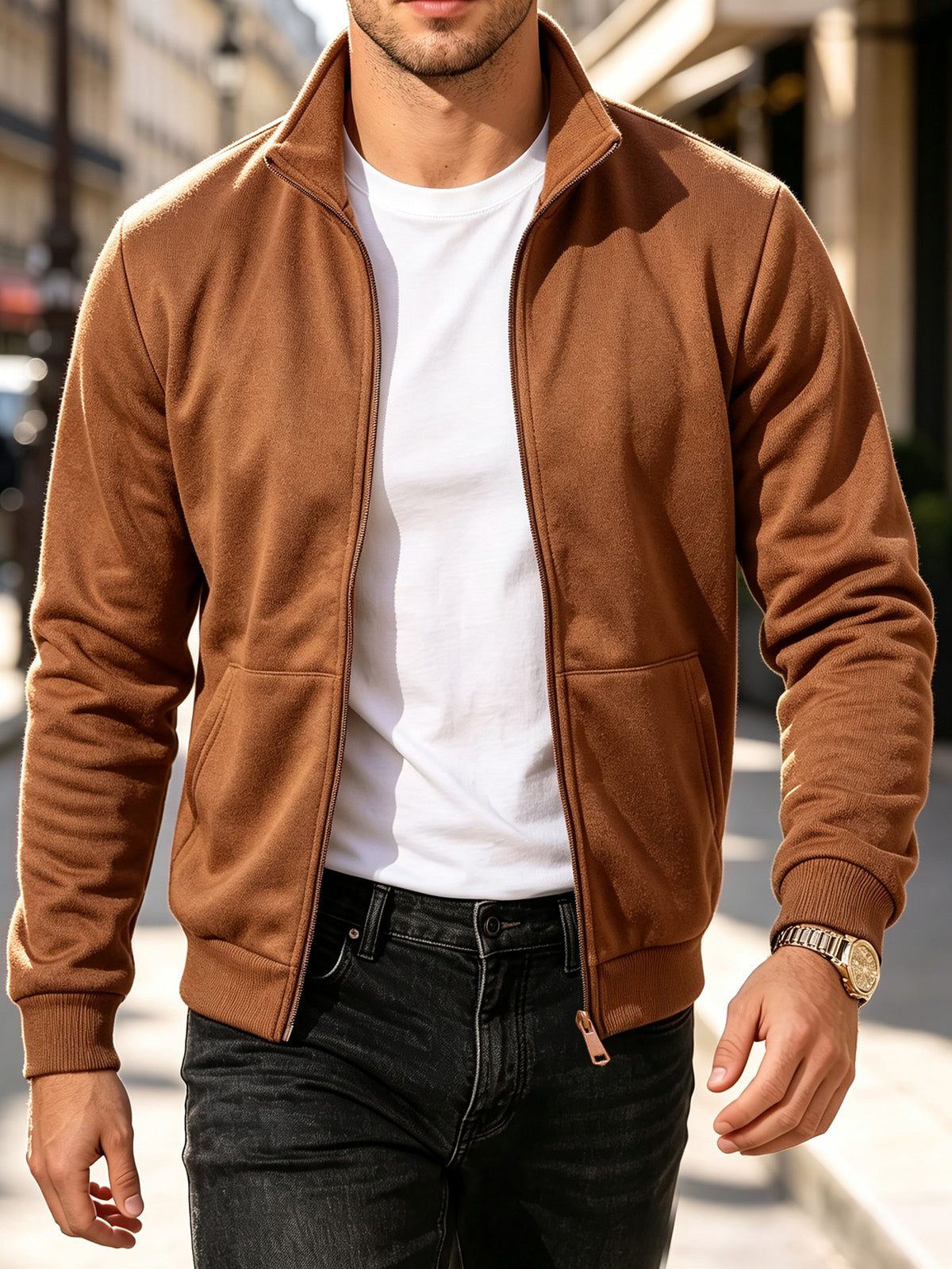 Men's Stand Collar Knit Fleece Jacket, Soft & Windproof for Spring/Fal